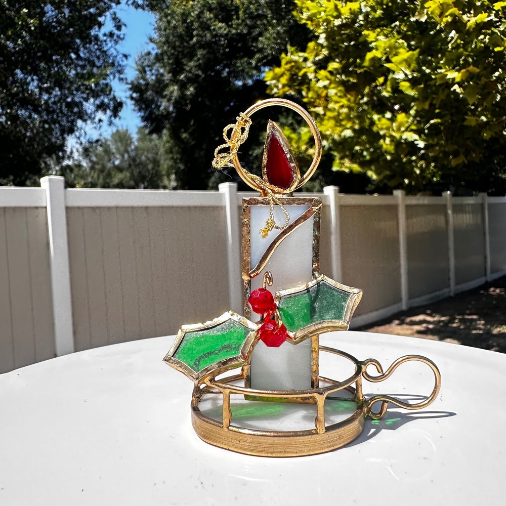 Vintage Stained Glass Christmas Candle Ornament Holly Red Green Gold Holiday Dec